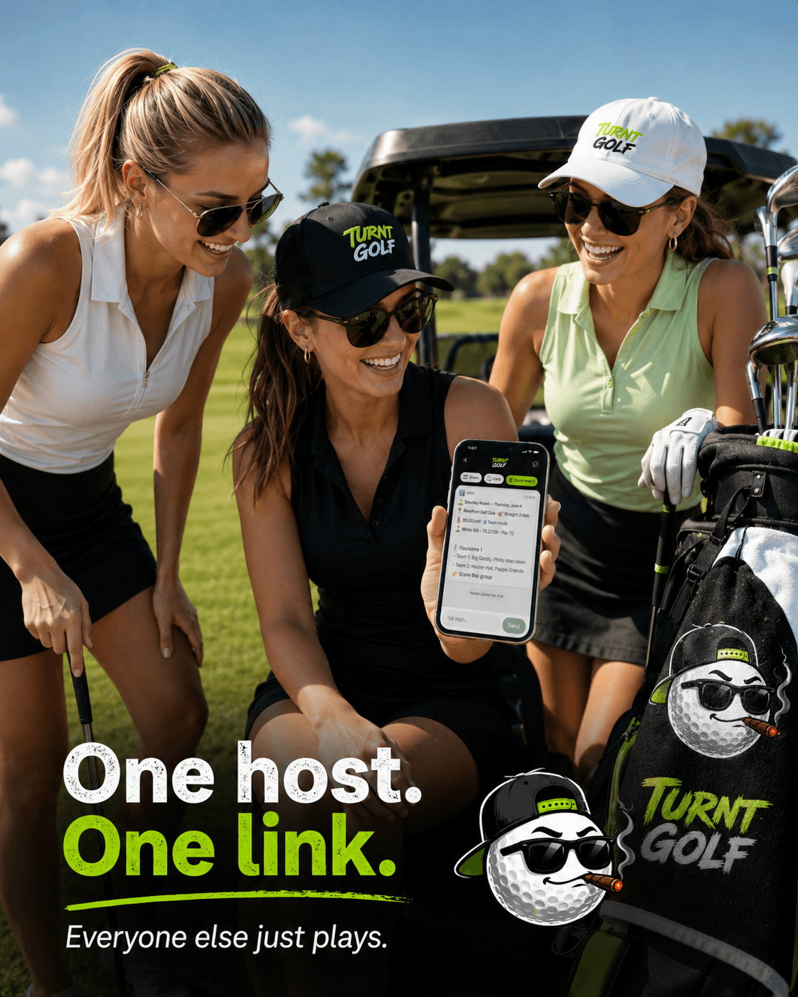 Three golfers gathered around a phone — one host, one link, everyone else just plays