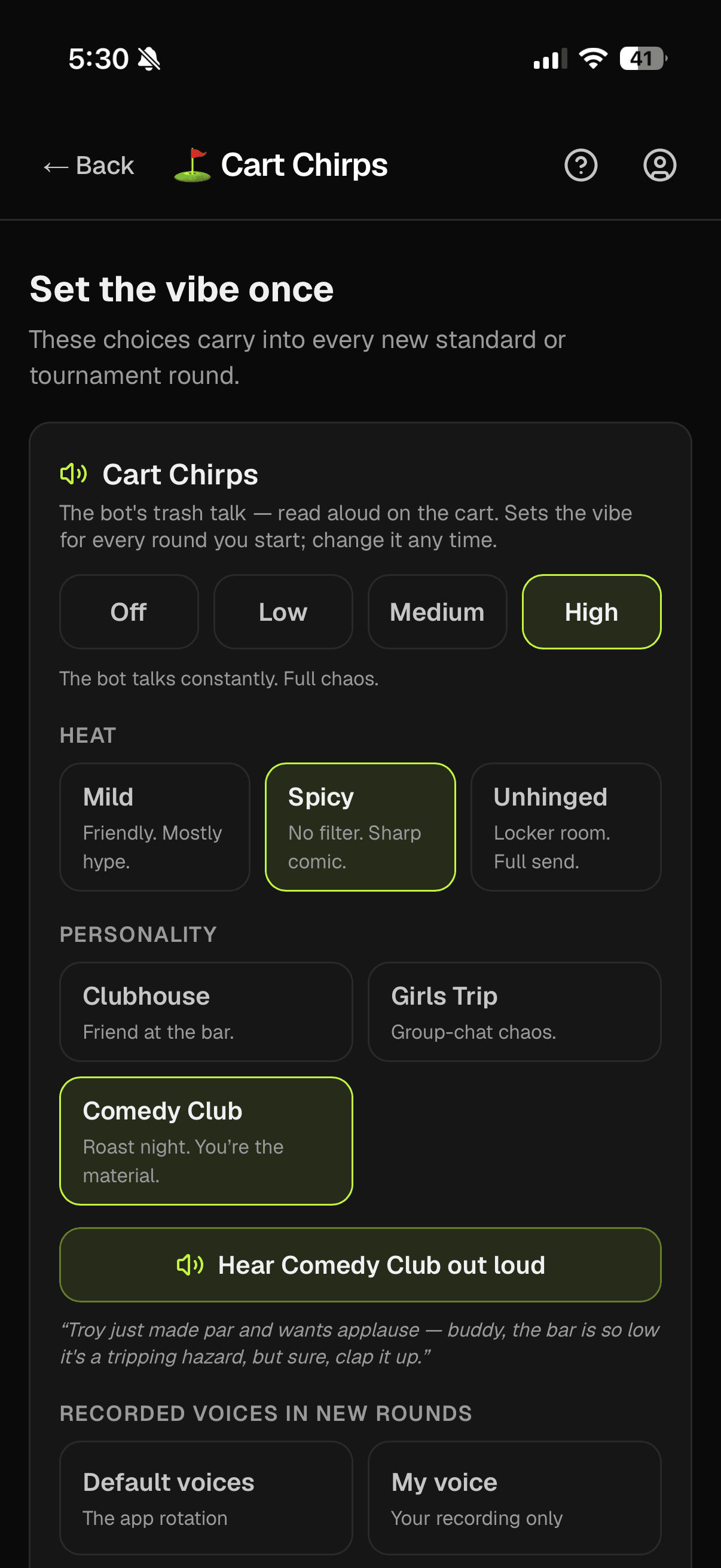 Cart Chirps settings with frequency, heat, personality, and voice options