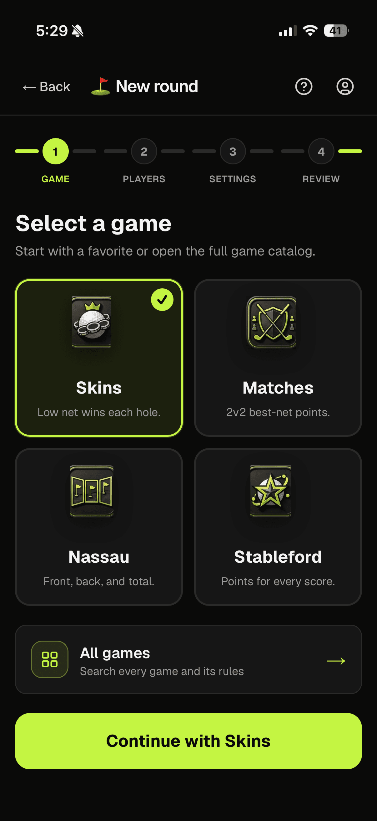 Turnt Golf game picker with popular formats and a searchable full catalog