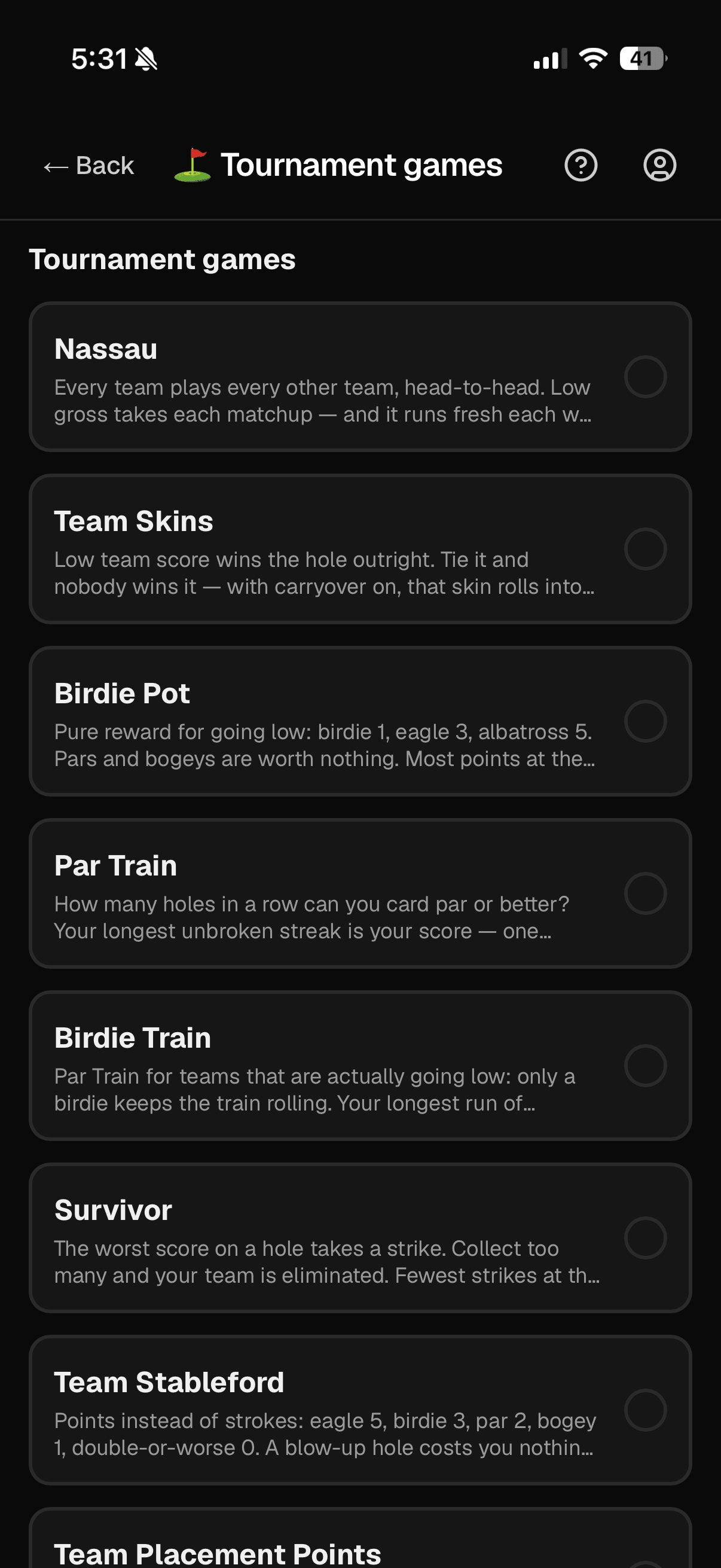 Tournament games catalog with Nassau, Team Skins, Birdie Pot, Par Train, Survivor, and Team Stableford