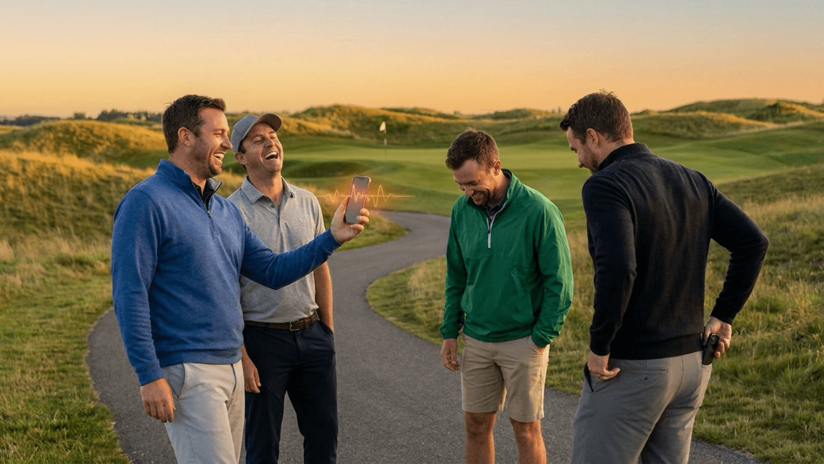 A foursome laughing as one golfer's phone plays a trash-talk voice chirp
