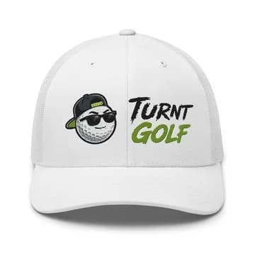 White trucker cap embroidered with the Turnt Golf mascot and wordmark