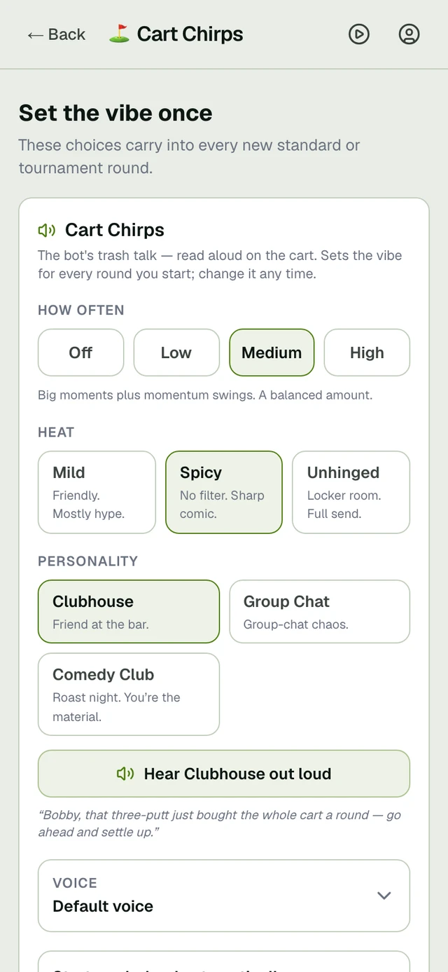 Cart Chirps settings in the current app. Outlined: Chirp frequency. Chirp heat. Personality. Voice selector.