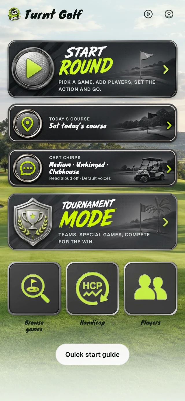 Your home base Outlined: 1: Start round. 2: Tournament mode.